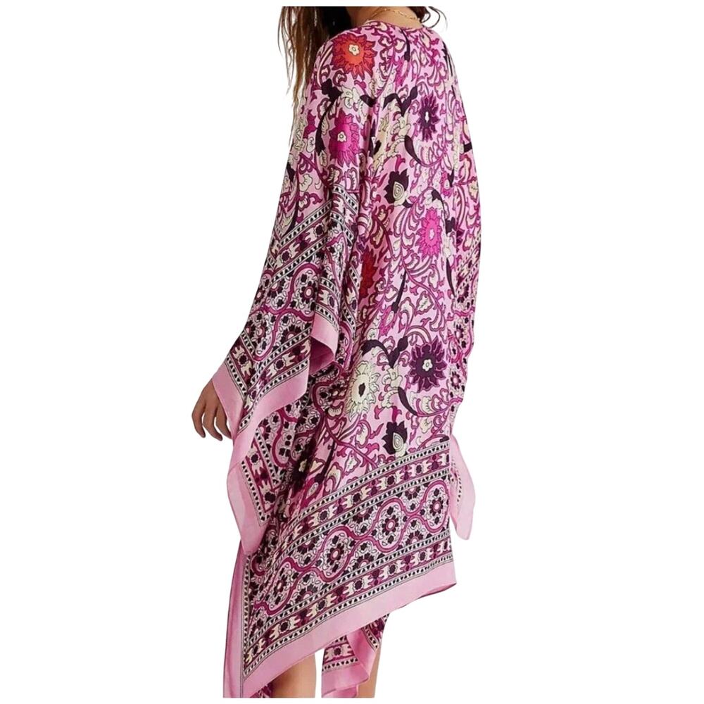 Free People Magic Dance Duster Kimono Pink Border Print One Size